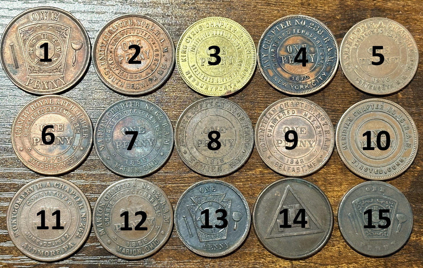 Masonic Pennies From Varying Chapters 15 To Choose From - Freemasonry Fifteen Chapters One Pennies to Choose from!!!