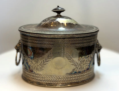 Victorian Silver-Plated Tea Caddy with Lion Head Handles - Ornate Victorian Tea Caddy with Lion Head Ring Handles and Blank Cartouche