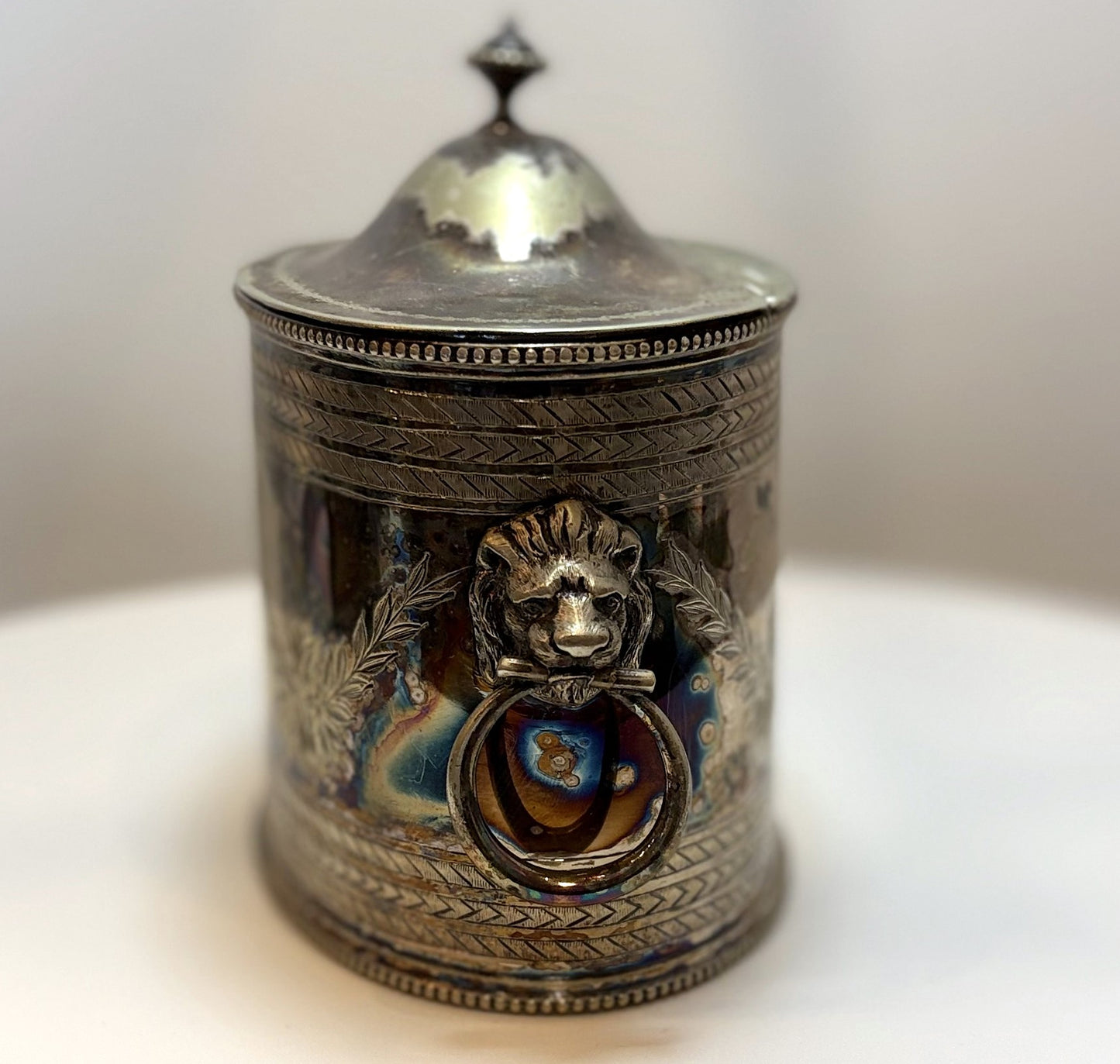 Victorian Silver-Plated Tea Caddy with Lion Head Handles - Ornate Victorian Tea Caddy with Lion Head Ring Handles and Blank Cartouche
