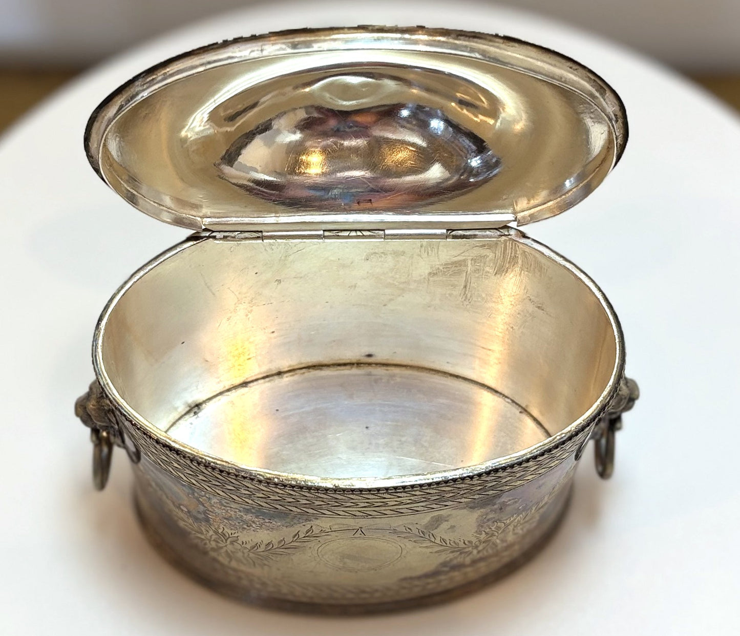 Victorian Silver-Plated Tea Caddy with Lion Head Handles - Ornate Victorian Tea Caddy with Lion Head Ring Handles and Blank Cartouche