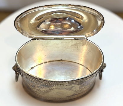 Victorian Silver-Plated Tea Caddy with Lion Head Handles - Ornate Victorian Tea Caddy with Lion Head Ring Handles and Blank Cartouche