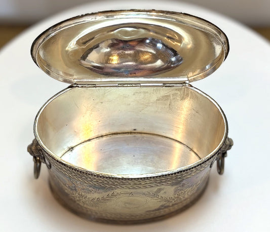 Victorian Silver-Plated Tea Caddy with Lion Head Handles - Ornate Victorian Tea Caddy with Lion Head Ring Handles and Blank Cartouche