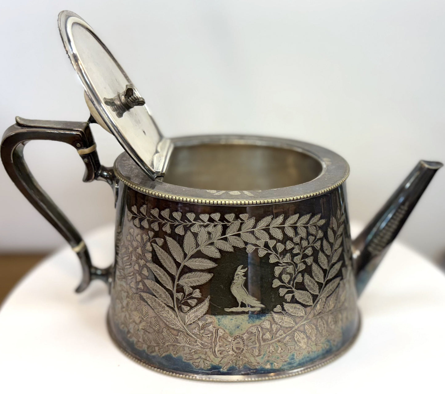 Vintage Teapot with Engraved Bird and Foliage, by George Richmond Collis & Co. - Antique Elegant Silver Teapot with Nature-Inspired Engravings
