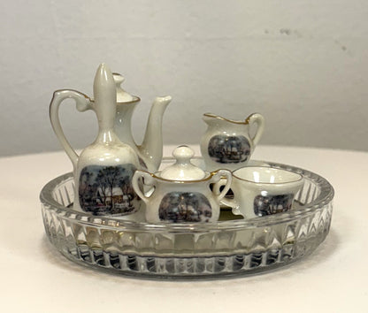 Antique Avon Miniature Tea Set - Avon Small Treasure Miniature Porcelain Tea Set - Currier and Ives Winter Scene Mini Tea Set Avon