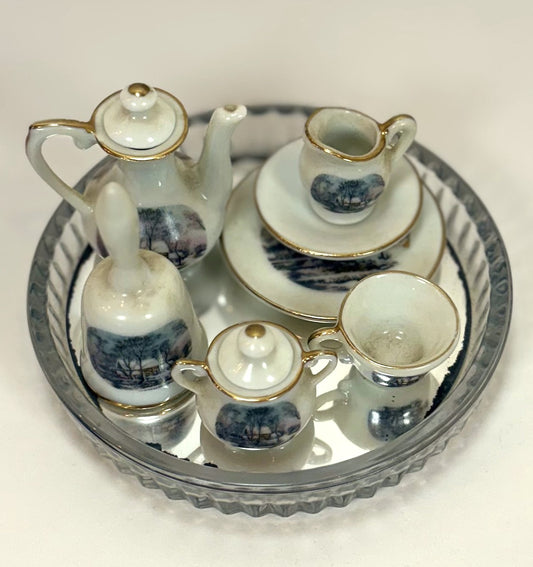 Antique Avon Miniature Tea Set - Avon Small Treasure Miniature Porcelain Tea Set - Currier and Ives Winter Scene Mini Tea Set Avon