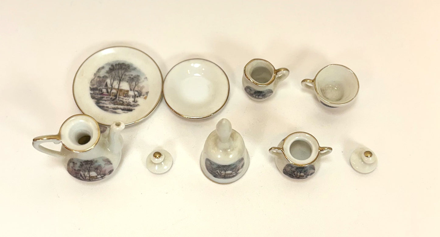 Antique Avon Miniature Tea Set - Avon Small Treasure Miniature Porcelain Tea Set - Currier and Ives Winter Scene Mini Tea Set Avon