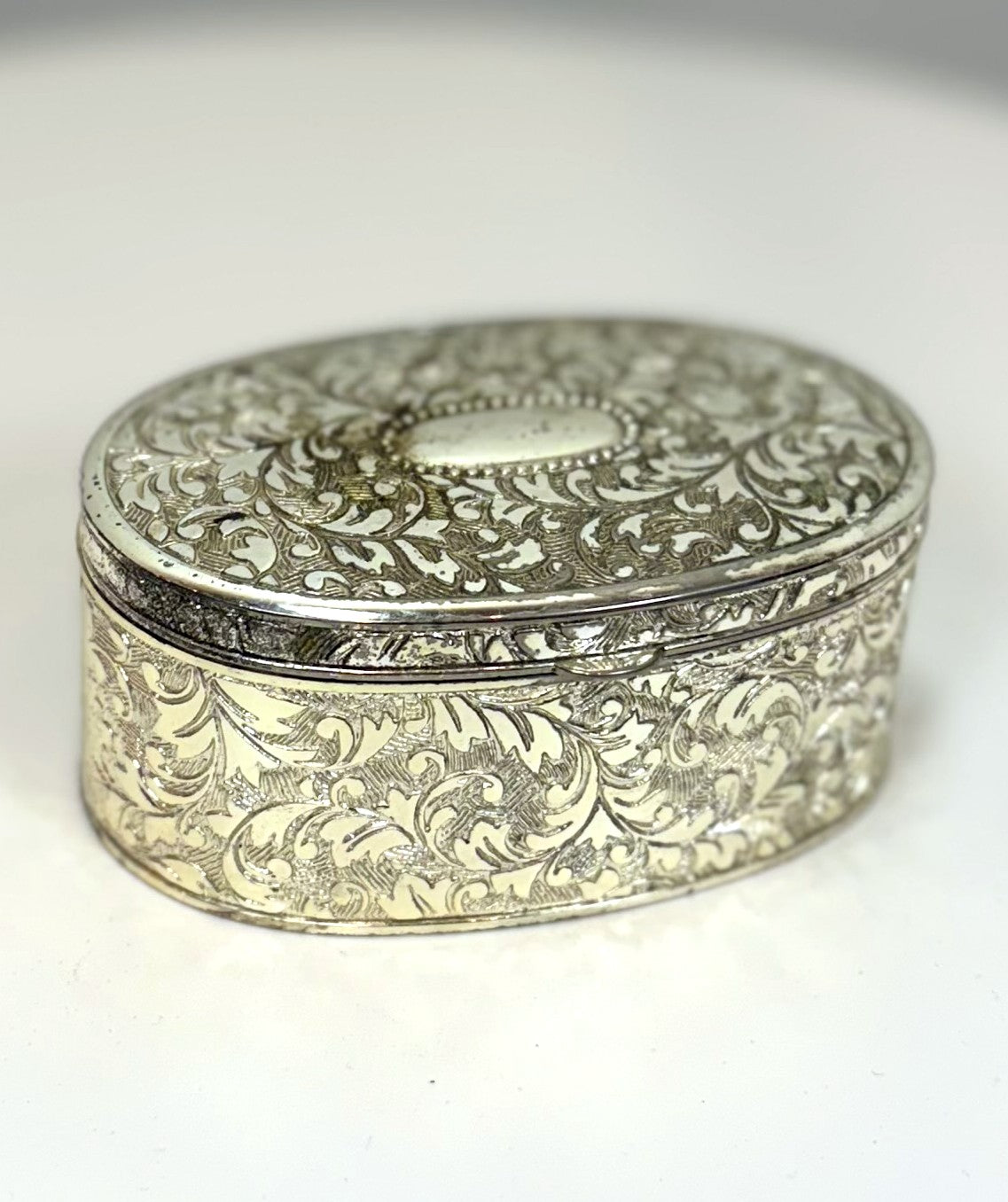 Antique Oval Silver Plated Jewelry Box From Japan - Ornate Vintage Silver Plated Trinket Box Velvet Interior