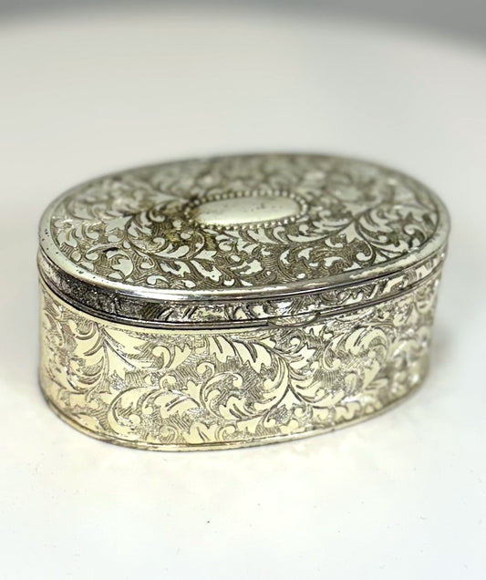 Antique Oval Silver Plated Jewelry Box From Japan - Ornate Vintage Silver Plated Trinket Box Velvet Interior