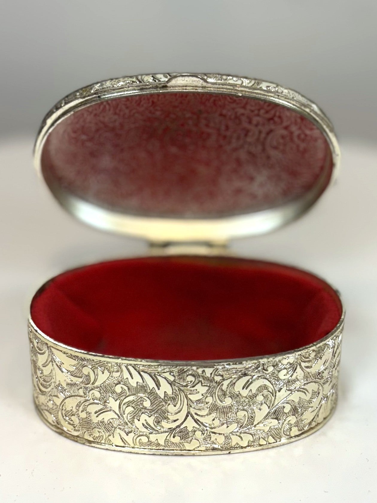 Antique Oval Silver Plated Jewelry Box From Japan - Ornate Vintage Silver Plated Trinket Box Velvet Interior