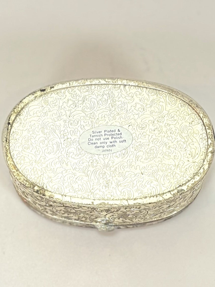 Antique Oval Silver Plated Jewelry Box From Japan - Ornate Vintage Silver Plated Trinket Box Velvet Interior