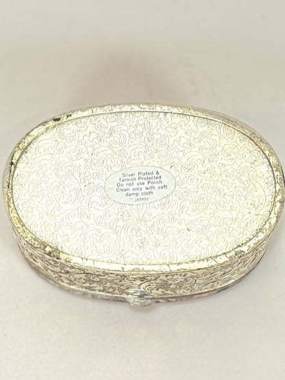 Antique Oval Silver Plated Jewelry Box From Japan - Ornate Vintage Silver Plated Trinket Box Velvet Interior