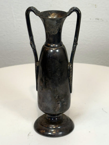 Vintage Two-Handled Metal Vase With Floral Accents - Antique Miniature Vase
