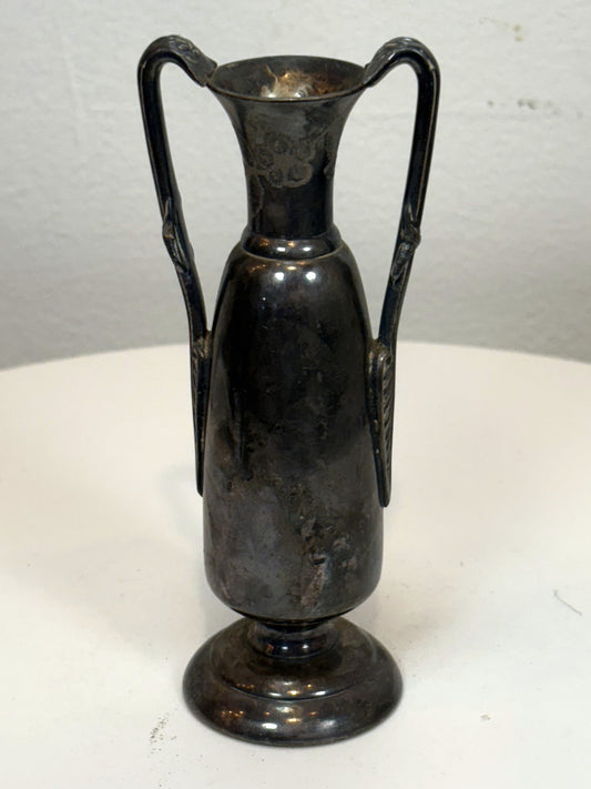 Vintage Two-Handled Metal Vase With Floral Accents - Antique Miniature Vase