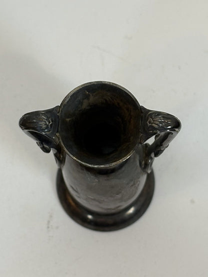 Vintage Two-Handled Metal Vase With Floral Accents - Antique Miniature Vase