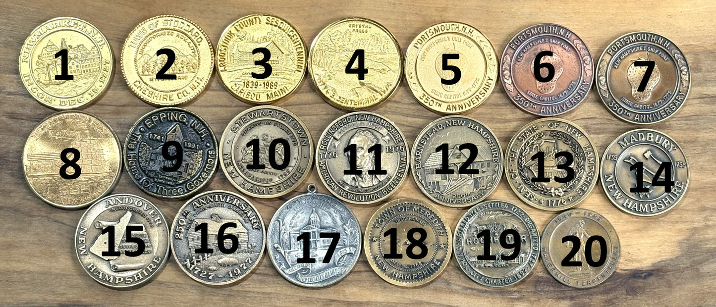 New England Antique Town Medals - New Hampshire, Massachusetts, and Maine Town Medals, Twenty to Choose from!!!