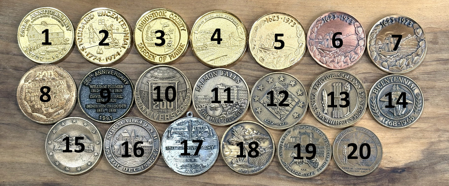 New England Antique Town Medals - New Hampshire, Massachusetts, and Maine Town Medals, Twenty to Choose from!!!