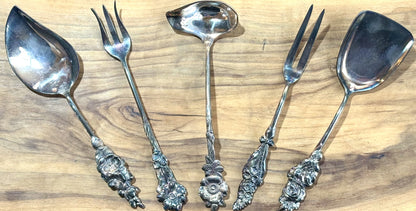 Reed & Barton 5pc Hors d'Oeuvre Set, Formal Dining - Antique 1970s Sterling Reed and Barton Harlequin Rose Condiment Five Piece Set