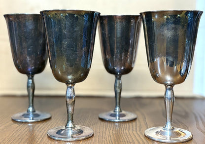 Antique Pilgrim Silver Plate Four Piece Set Water Goblets - Vintage Silver Plated Dinnerware Wine Goblets Four Pc Set