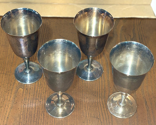 Antique Pilgrim Silver Plate Four Piece Set Water Goblets - Vintage Silver Plated Dinnerware Wine Goblets Four Pc Set