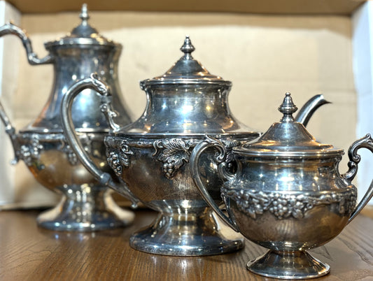 3-Piece Tea & Coffee Service with Creamer and Sugar, Double Plate on Copper - Vintage Sterling Three Piece Tea Service Set