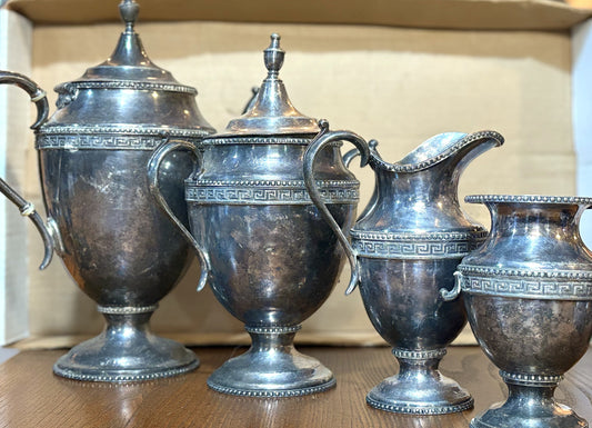 1790 Pattern Silver Plate Hollow Ware 4 Piece Tea Service Set - Four Piece Antique Tea Service Set pattern 1790 Stamped