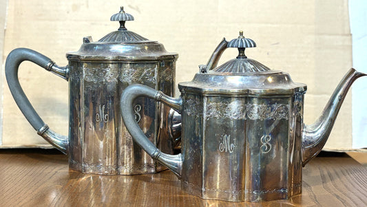 Vintage Teapot by E.G. Webster & Son, Custom-engraved Set of Two- E.G. Webster Silver Plated Antique Teapot 2pc Set