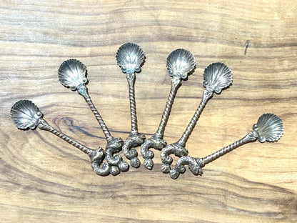 Vintage Set of 6 Small Silver Shell Bowl Spoons - Antique Silverplate Salt Spoons Shell Bowl Twisted Handle