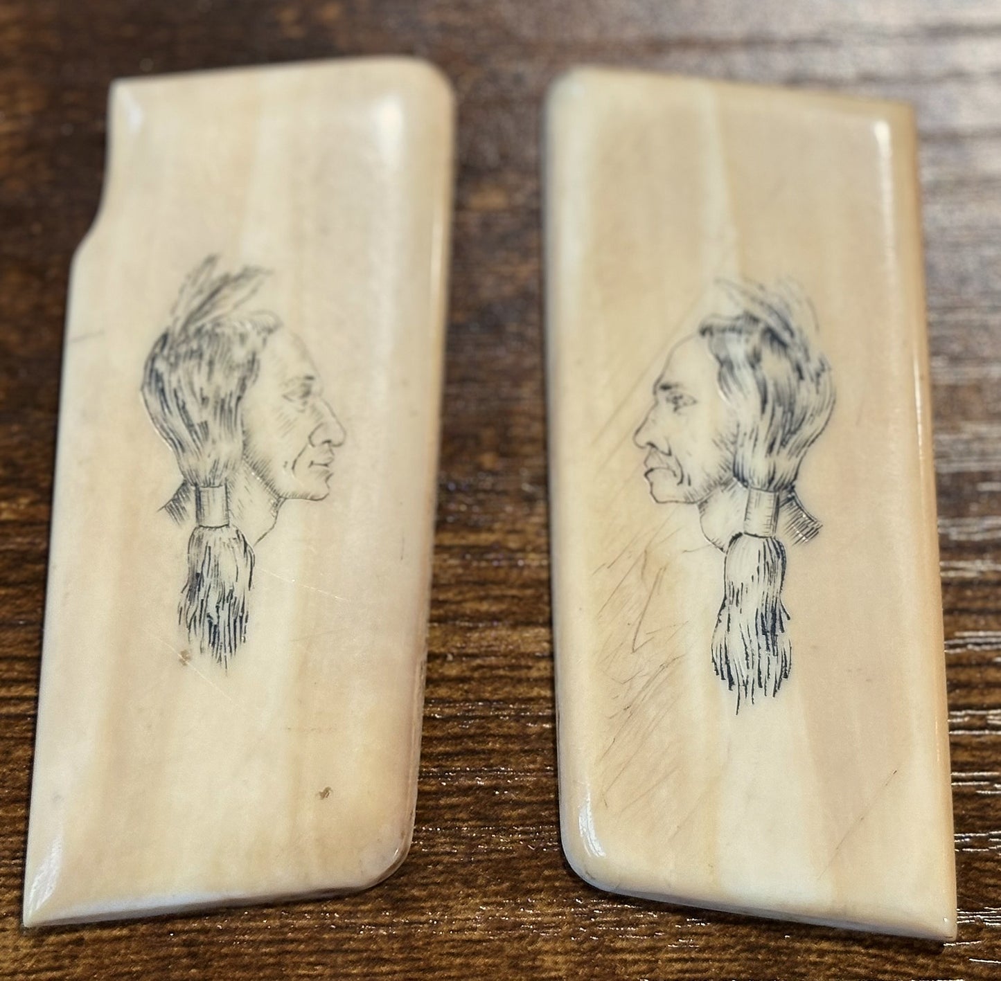 Antique Pistol Grips Featuring Native American Profile Made From Bone - Vintage Native American Design Scrimshaw-Style Engraving Pistol Grips