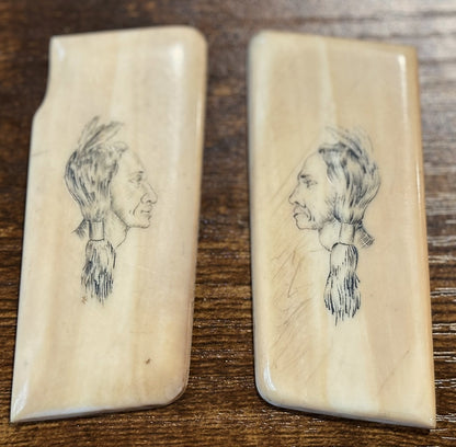 Antique Pistol Grips Featuring Native American Profile Made From Bone - Vintage Native American Design Scrimshaw-Style Engraving Pistol Grips