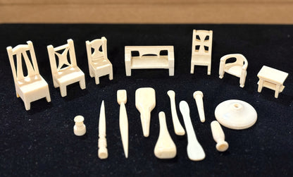 Antique Handmade 17pc Dollhouse Furniture and Accessories Made From Bone - Vintage Bone Dollhouse Furniture Seventeen Piece Set, One of a Kind!