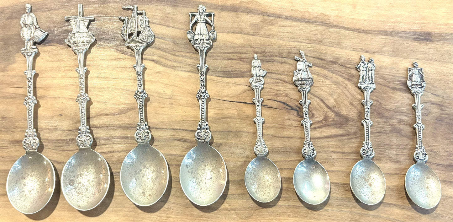 Vintage H.v.d.M. Dutch Silver Plated Souvenir Spoons Set - 8-Piece Holland Windmill and Traditional Figure Souvenir Spoon Collection - Collectible Holland-Themed Demitasse Spoons