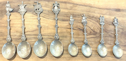 Vintage H.v.d.M. Dutch Silver Plated Souvenir Spoons Set - 8-Piece Holland Windmill and Traditional Figure Souvenir Spoon Collection - Collectible Holland-Themed Demitasse Spoons