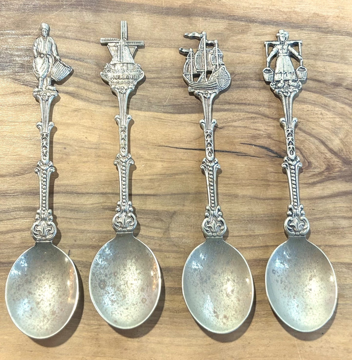 Vintage H.v.d.M. Dutch Silver Plated Souvenir Spoons Set - 8-Piece Holland Windmill and Traditional Figure Souvenir Spoon Collection - Collectible Holland-Themed Demitasse Spoons