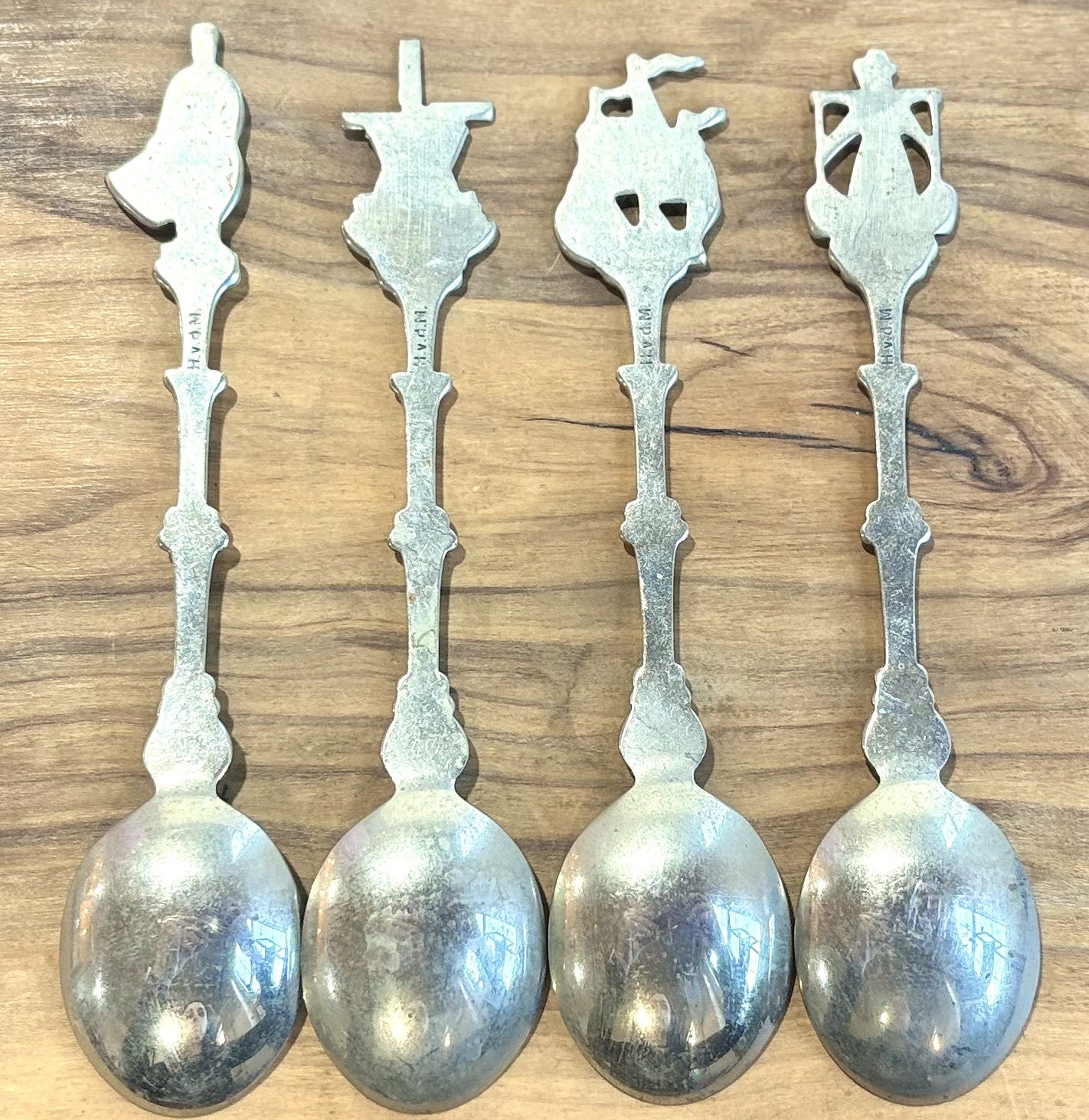 Vintage H.v.d.M. Dutch Silver Plated Souvenir Spoons Set - 8-Piece Holland Windmill and Traditional Figure Souvenir Spoon Collection - Collectible Holland-Themed Demitasse Spoons