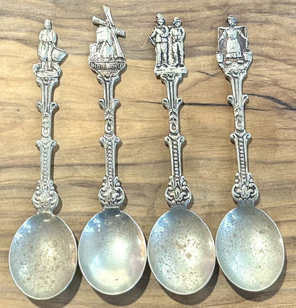 Vintage H.v.d.M. Dutch Silver Plated Souvenir Spoons Set - 8-Piece Holland Windmill and Traditional Figure Souvenir Spoon Collection - Collectible Holland-Themed Demitasse Spoons