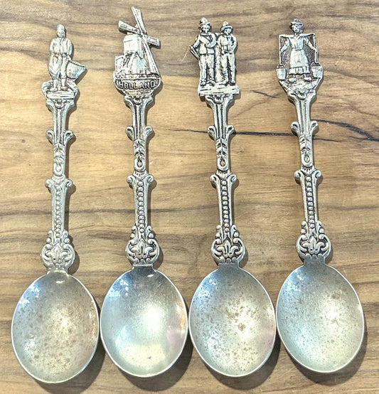 Vintage H.v.d.M. Dutch Silver Plated Souvenir Spoons Set - 8-Piece Holland Windmill and Traditional Figure Souvenir Spoon Collection - Collectible Holland-Themed Demitasse Spoons