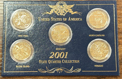 2001 Five Coin Set 24K D & P Mint - Five Quarter Set 24K Gold Plated D and P Mint Mark