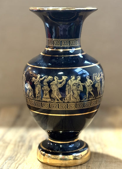 Hand-made Greek Vase with 24k Gold Accents - Black Ceramic Greek Vase with Gold Figurines