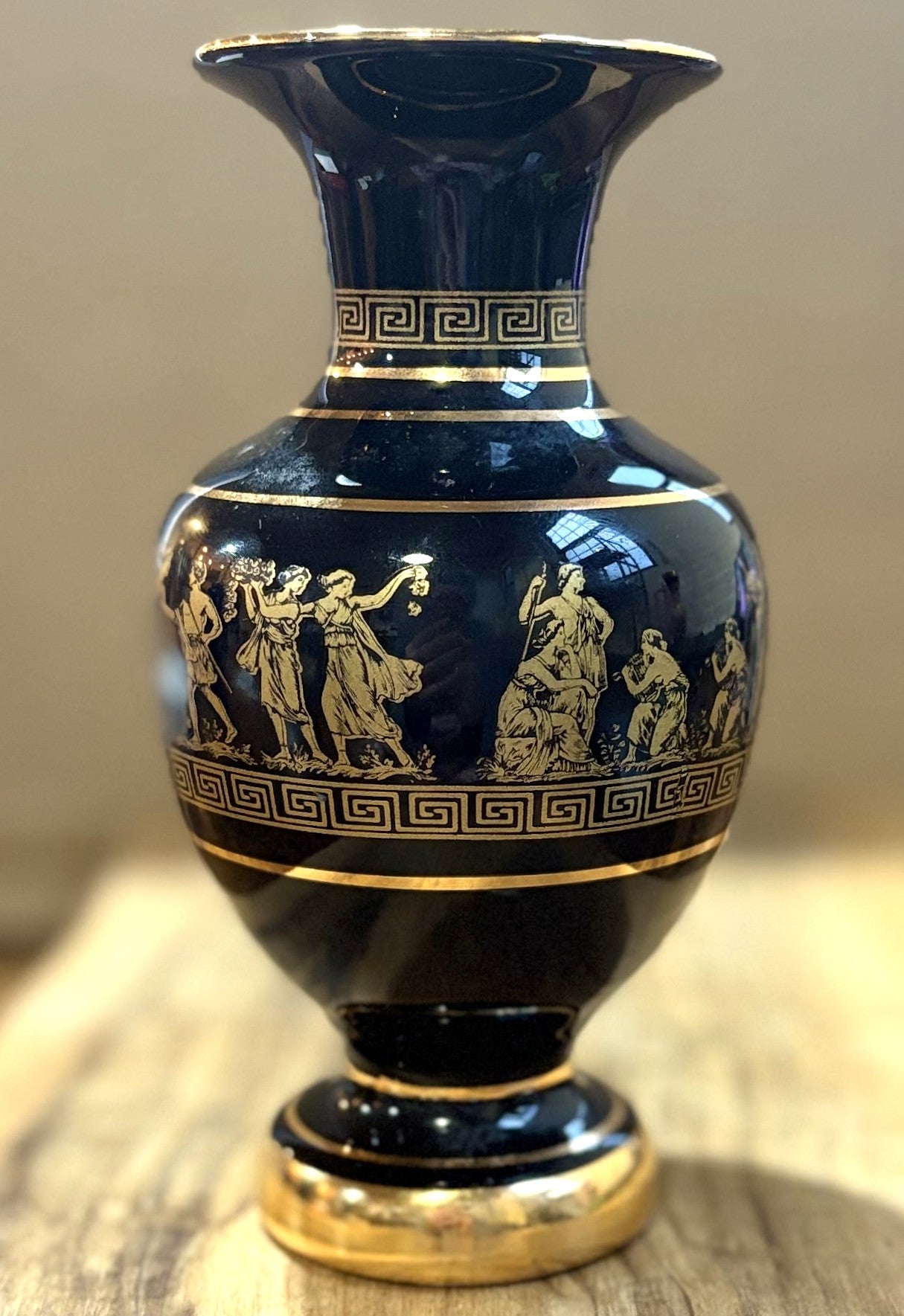Hand-made Greek Vase with 24k Gold Accents - Black Ceramic Greek Vase with Gold Figurines