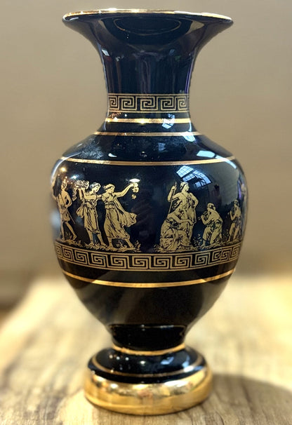 Hand-made Greek Vase with 24k Gold Accents - Black Ceramic Greek Vase with Gold Figurines