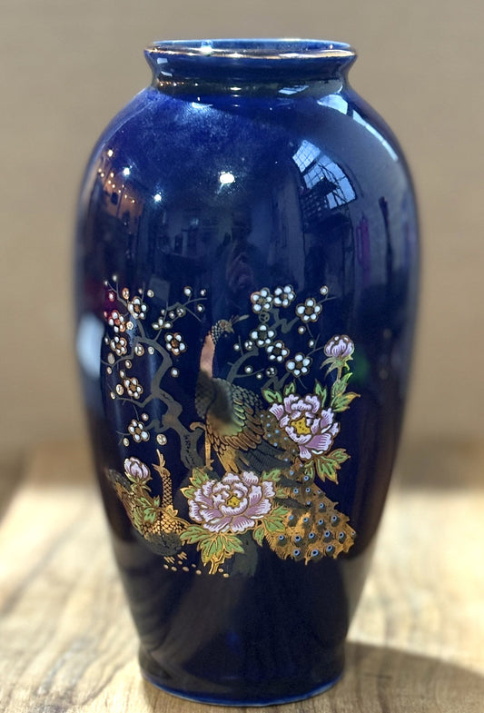 Vintage Japanese Cobalt Blue Porcelain Vase - Unique Antique Japanese Vase Blue Gold Trim Peacock Flowers