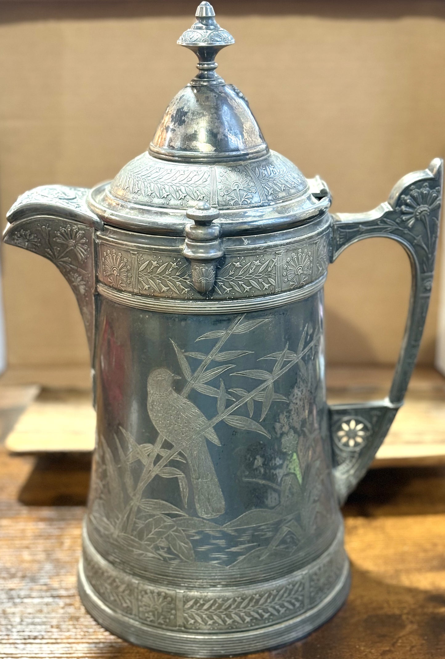 Antique 19th Century Reed & Barton Silver Plate Ice Water Pitcher, Ceramic Lined - Reed & Barton 1868 Patent Victorian Silver Water Server