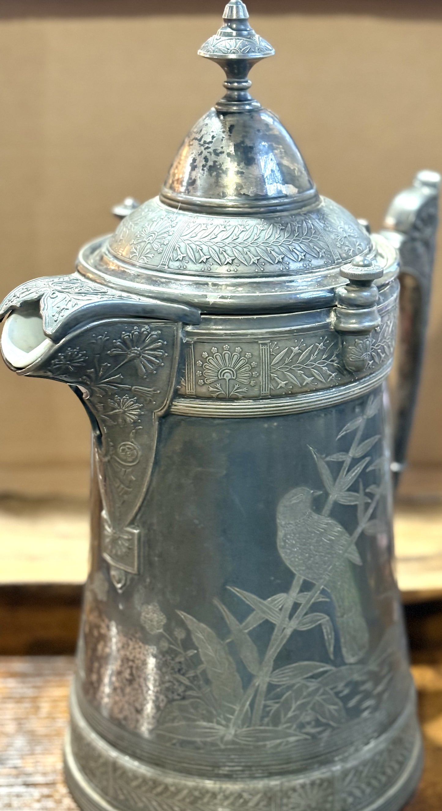 Antique 19th Century Reed & Barton Silver Plate Ice Water Pitcher, Ceramic Lined - Reed & Barton 1868 Patent Victorian Silver Water Server