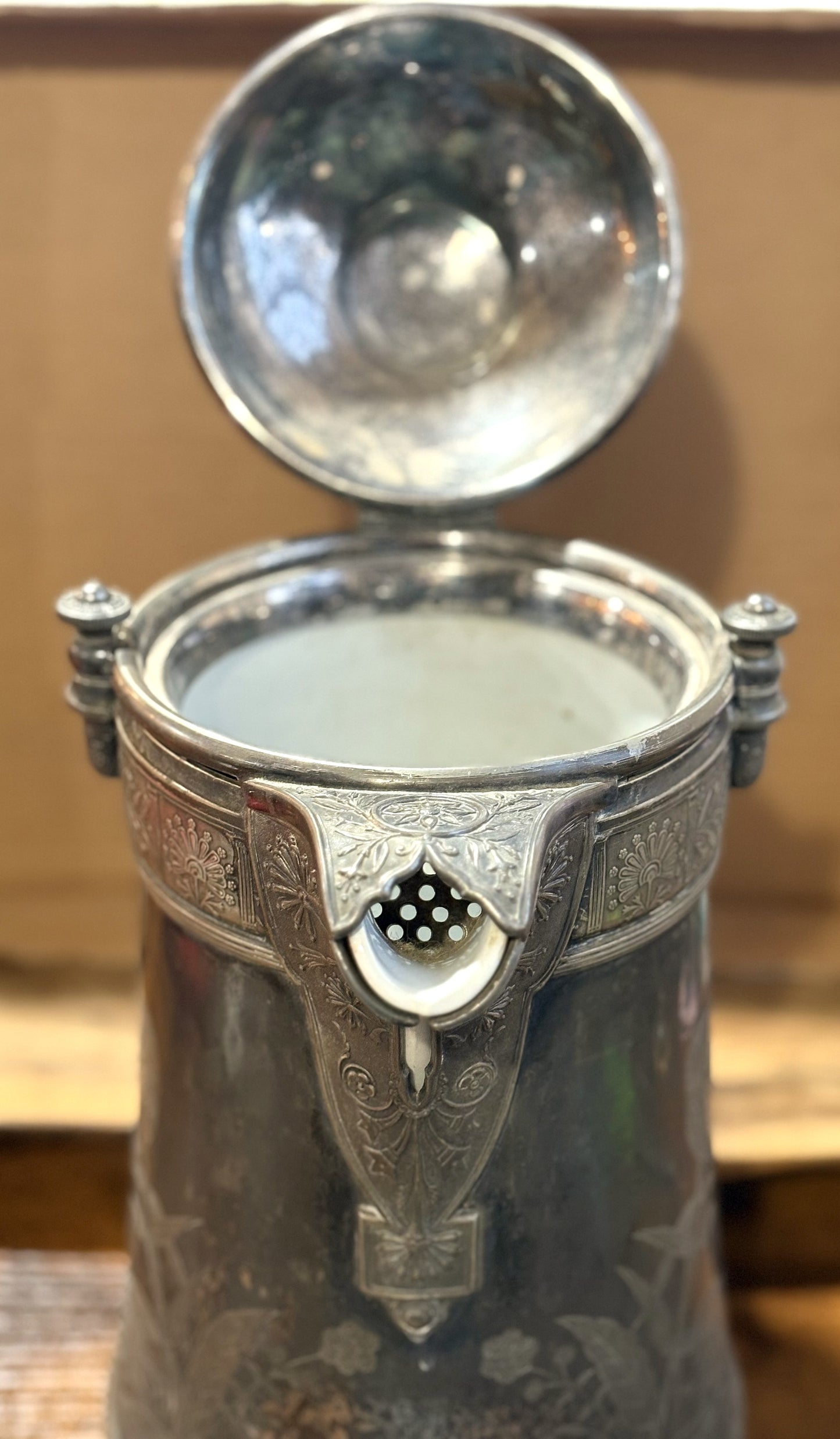 Antique 19th Century Reed & Barton Silver Plate Ice Water Pitcher, Ceramic Lined - Reed & Barton 1868 Patent Victorian Silver Water Server
