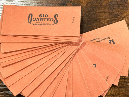 Lot 25 Steel Strong $10 Quarters 25 Cent Flat Tube Tubular Coin Roll Wrappers - Twenty Five pc Set 25 Cent Unused Coin Roll Wrappers