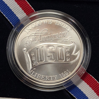 1991-D U.S. UNC Silver One Dollar United Services Organizations Commemorative Coin w/ Box and COA