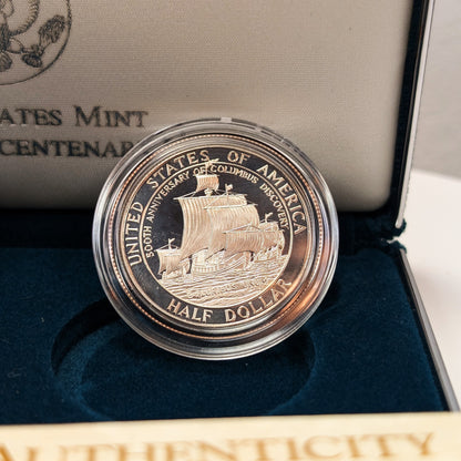 1992 P + S Columbus Quincentenary Silver Dollar Clad Half Dollar 2 Coin Set W/ Box and COA