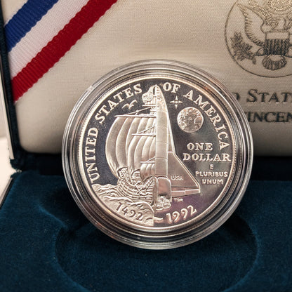 1992 P + S Columbus Quincentenary Silver Dollar Clad Half Dollar 2 Coin Set W/ Box and COA