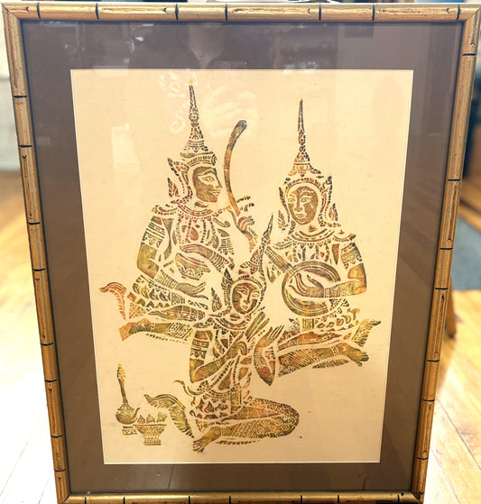 Vintage Thai Temple Rice Rubbing Framed Artwork - Thai Temple Colored Rice Rubbing Three Musicians Piece