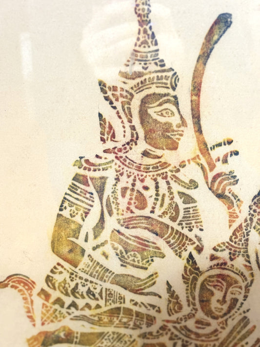 Vintage Thai Temple Rice Rubbing Framed Artwork - Thai Temple Colored Rice Rubbing Three Musicians Piece